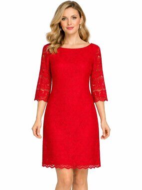 Eliza J Shift Dress Size 8 Red Lace Overlay Scalloped Hem 3/4 Sleeves Lined New